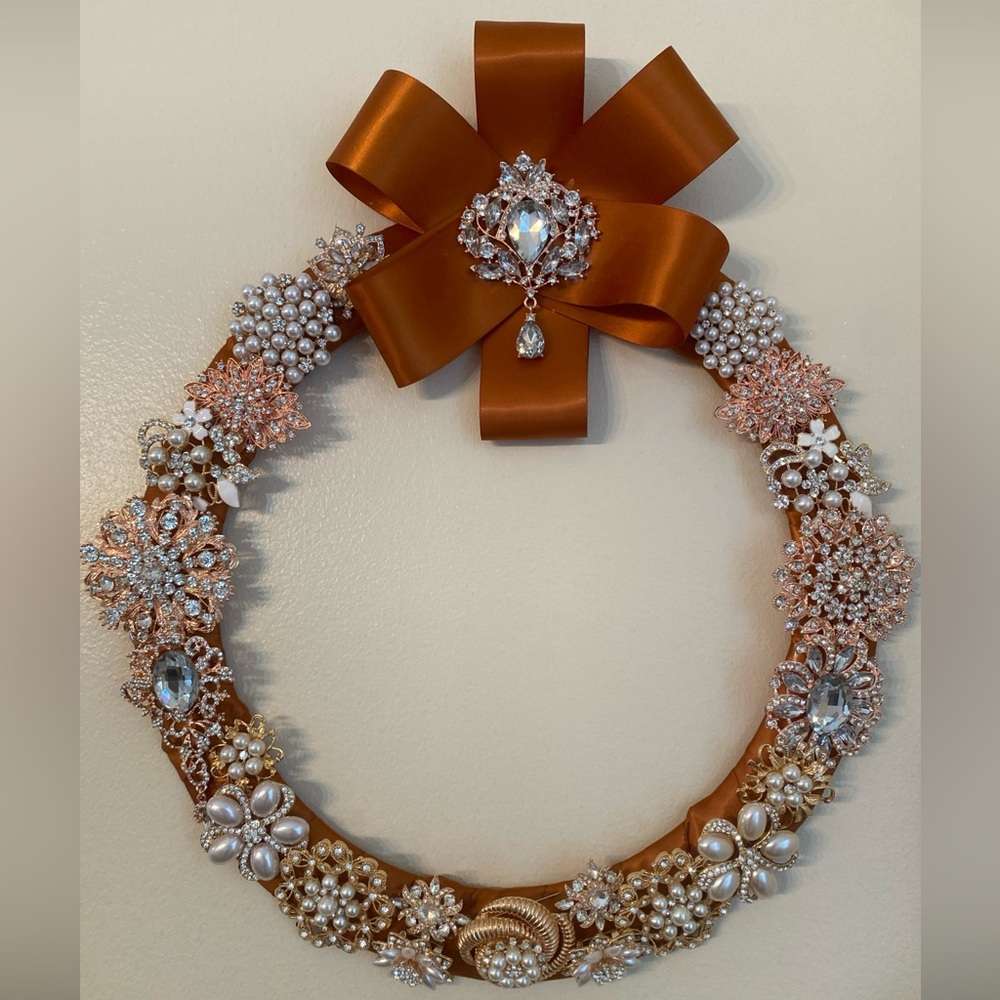 Vintage Rhinestone Jewelry Brooch Wreath One Of A Kind 14 inch Wall Art Decor